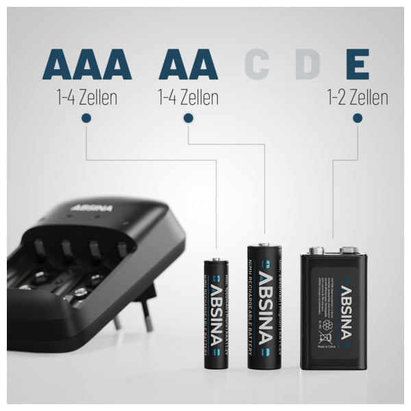 Absina X4 Akkuladegerät (NiMH/NiCd für AAA, AA und 9 V Akkus)