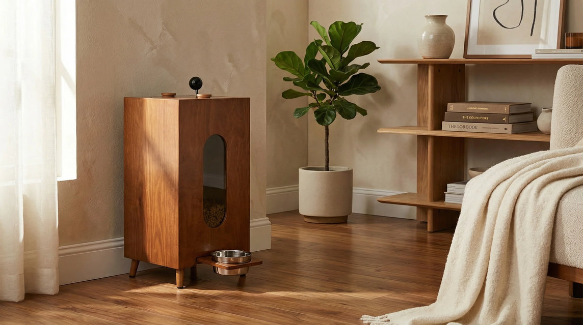 Gamelle en bois pour chien et chat – Distributeur de croquettes automatique au design Noyer grande capacité
