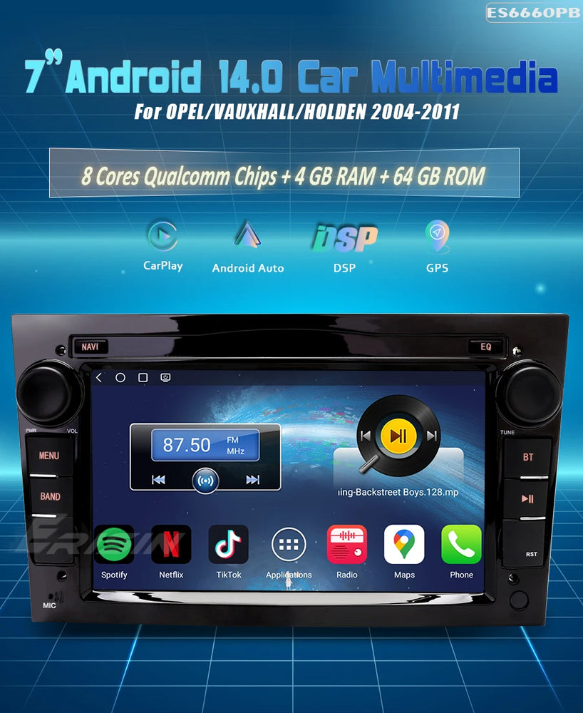 Erisin ES6660PB Android 14 Autoradio – 2DIN GPS-Navigation mit kabellosem CarPlay & Android Auto für Opel