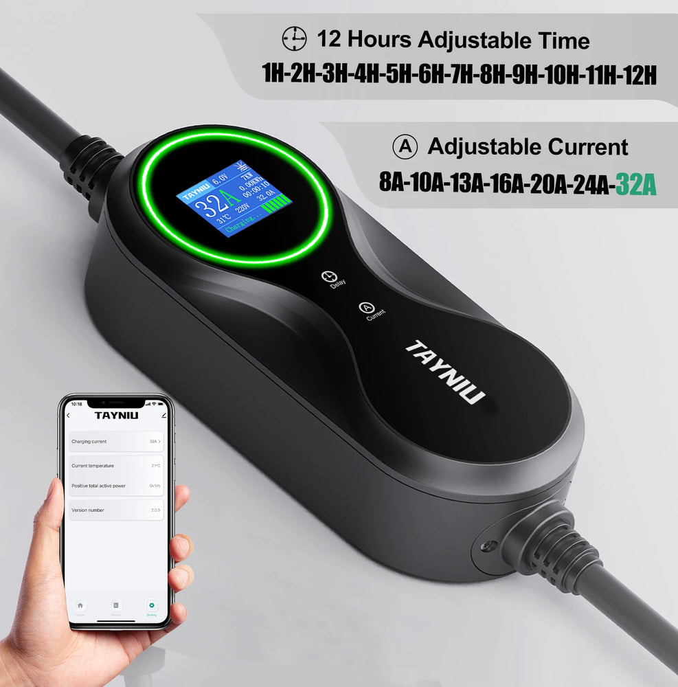 TAYNIU 32A 7kW Tragbares Ladegerät für Elektrofahrzeuge mit App-Steuerung – Typ 2 – 5 Meter Kabel – Inkl. Tasche und Halterung