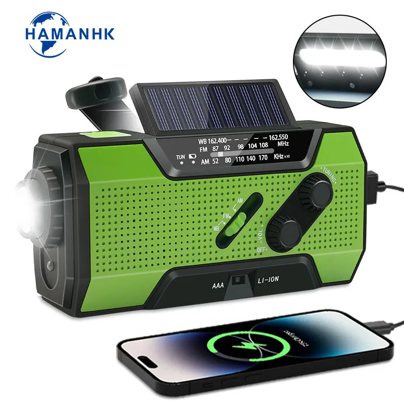Draagbare Mini Noodradio met Zaklamp β 2000mAh β Handcrank & Solar β AM/FM/SW 3-Band