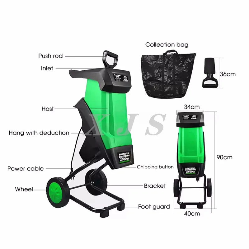XJS 2400W Elektrischer Gartenhäcksler – 50L Grasfangkorb – 39mm Schnittkapazität
