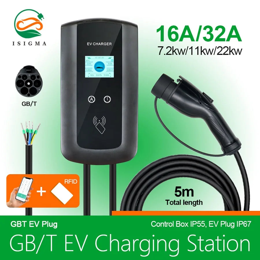 Borne de recharge ISIGMA Z1 pour véhicules électriques 7 kW / 11 kW / 22 kW – 16 A / 32 A – Monophasée et triphasée – Type 1 / Type 2 / GBT
