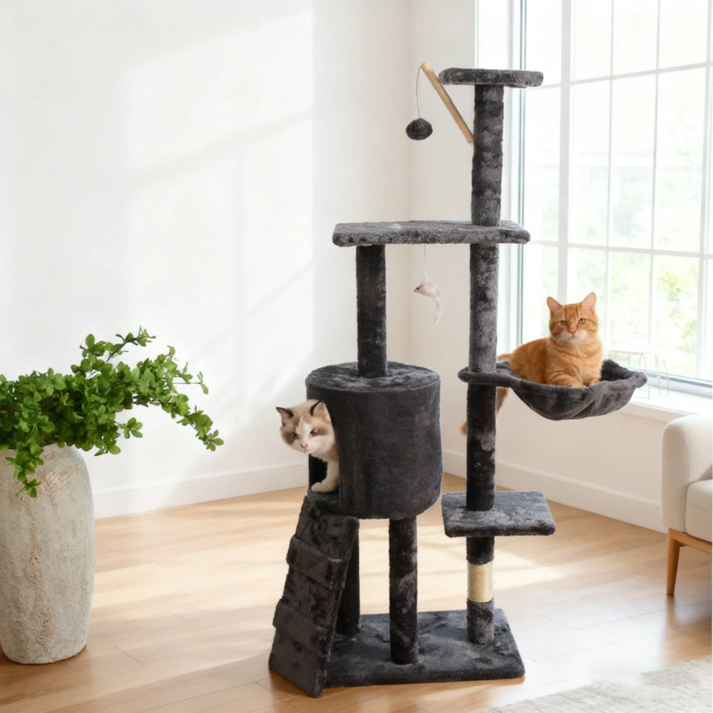 Arbre à Chat Moderne en Bois - Grand Griffoir avec Plateformes d'Escalade et Poteaux en Sisal