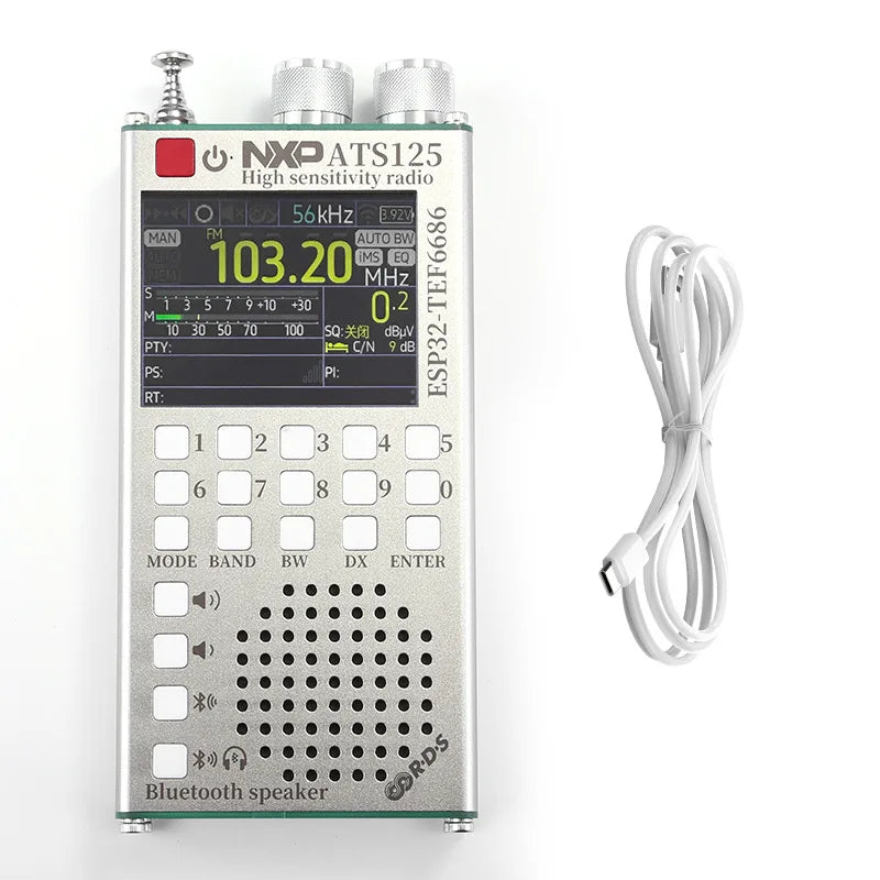 HQXRTEK ATS125 ESP32 Full Band Radio β Draagbare AM/FM Ontvanger met Zaklamp & Digitaal Display