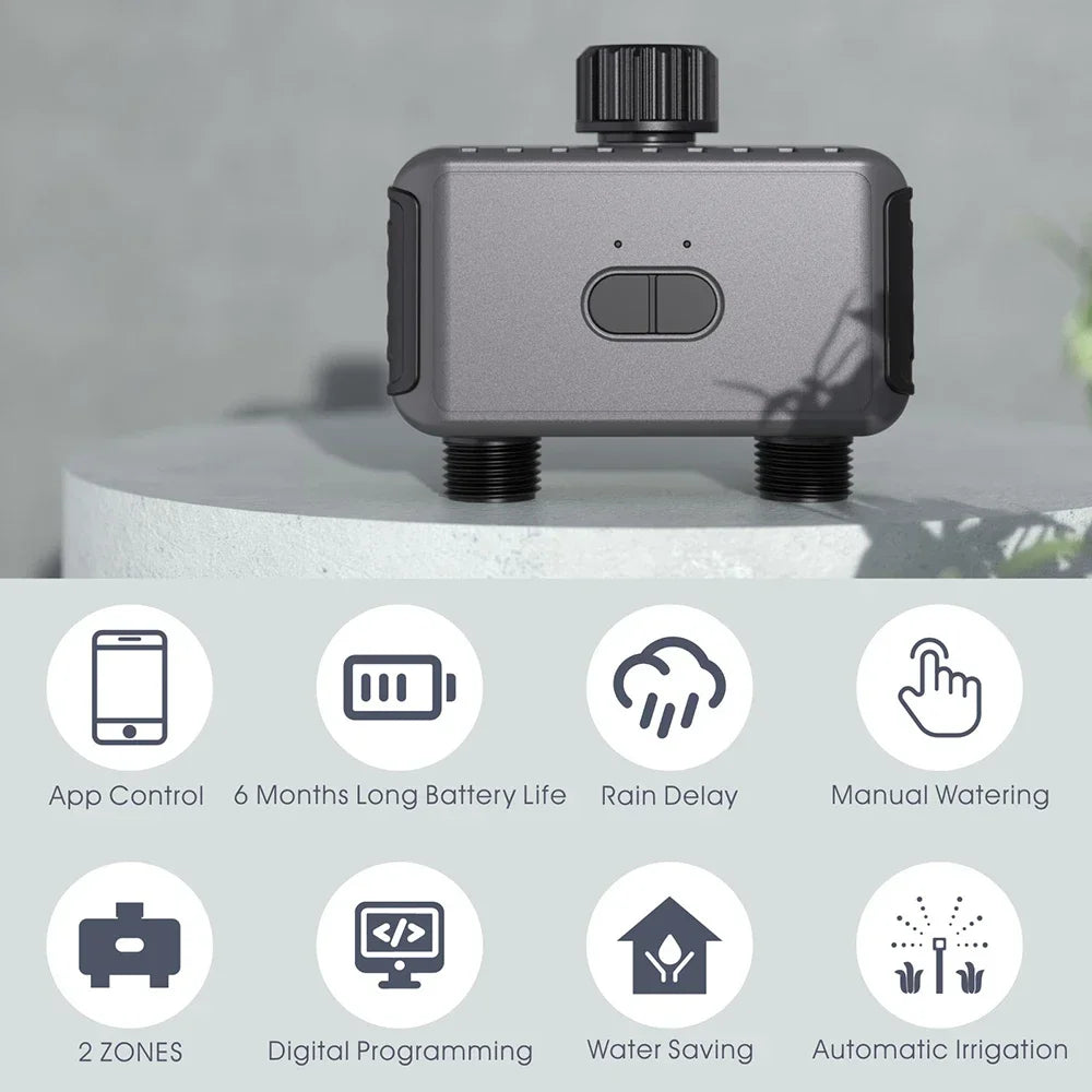 Minuteur d'arrosage intelligent Haozee Tuya – 2 sorties – Contrôle via application – IP55 – Temporisation pluie