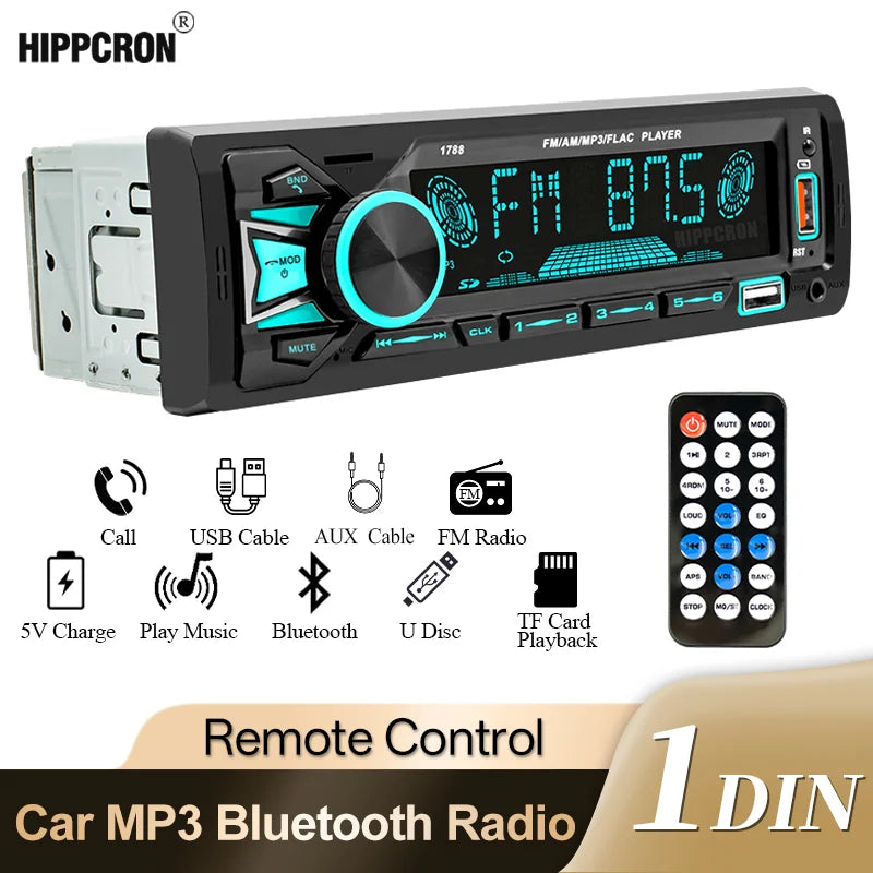 Hippcron 1DIN Bluetooth-Autoradio mit MP3-Player – 4x60W FM-Radio mit USB-, TF- und AUX-Anschluss