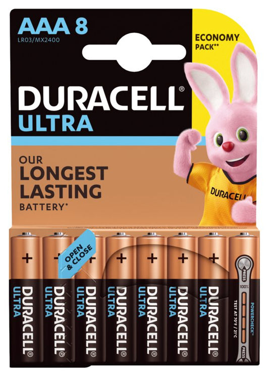8 x Duracell Ultra Powercheck LR03 AAA Alkaline Batterijen