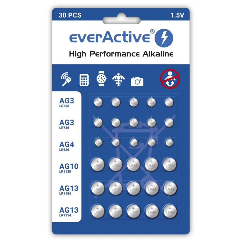 30x everActive PACK Knopfzelle AG3 / AG4 / AG10 / AG13 Alkaline
