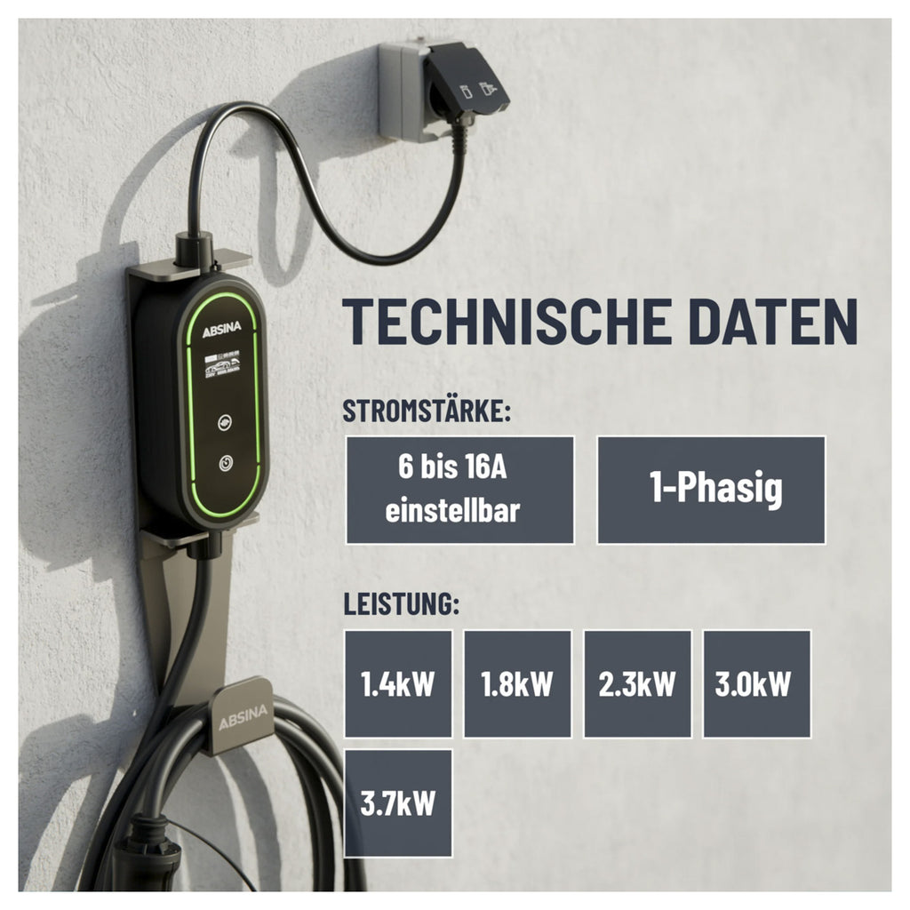Absina mobiel laadstation type 2 huishoudelijke stopcontacten 3,7 kW / 13 A / 6 meter