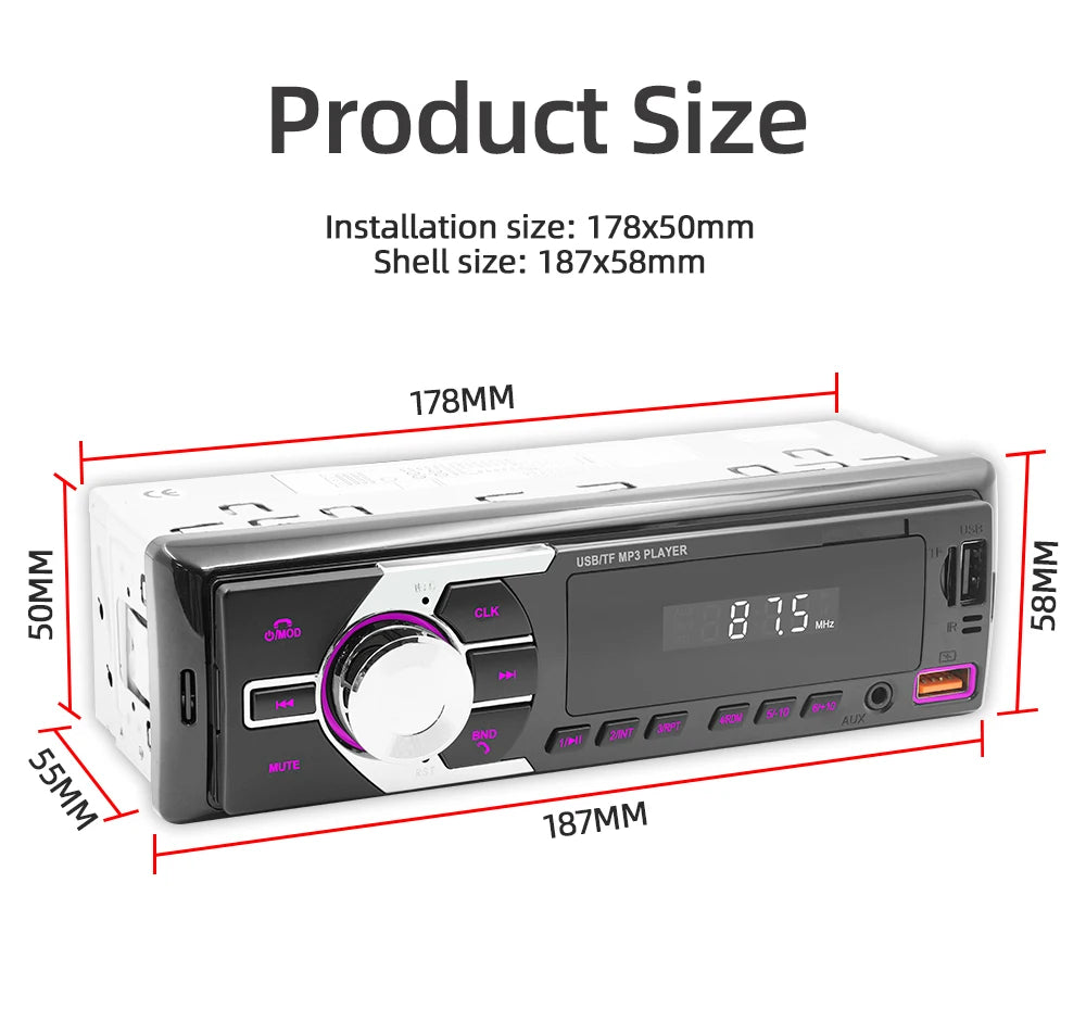 Autoradio MP3 Bluetooth MOPECT 1DIN – FM, USB, TF et AUX avec éclairage 7 couleurs