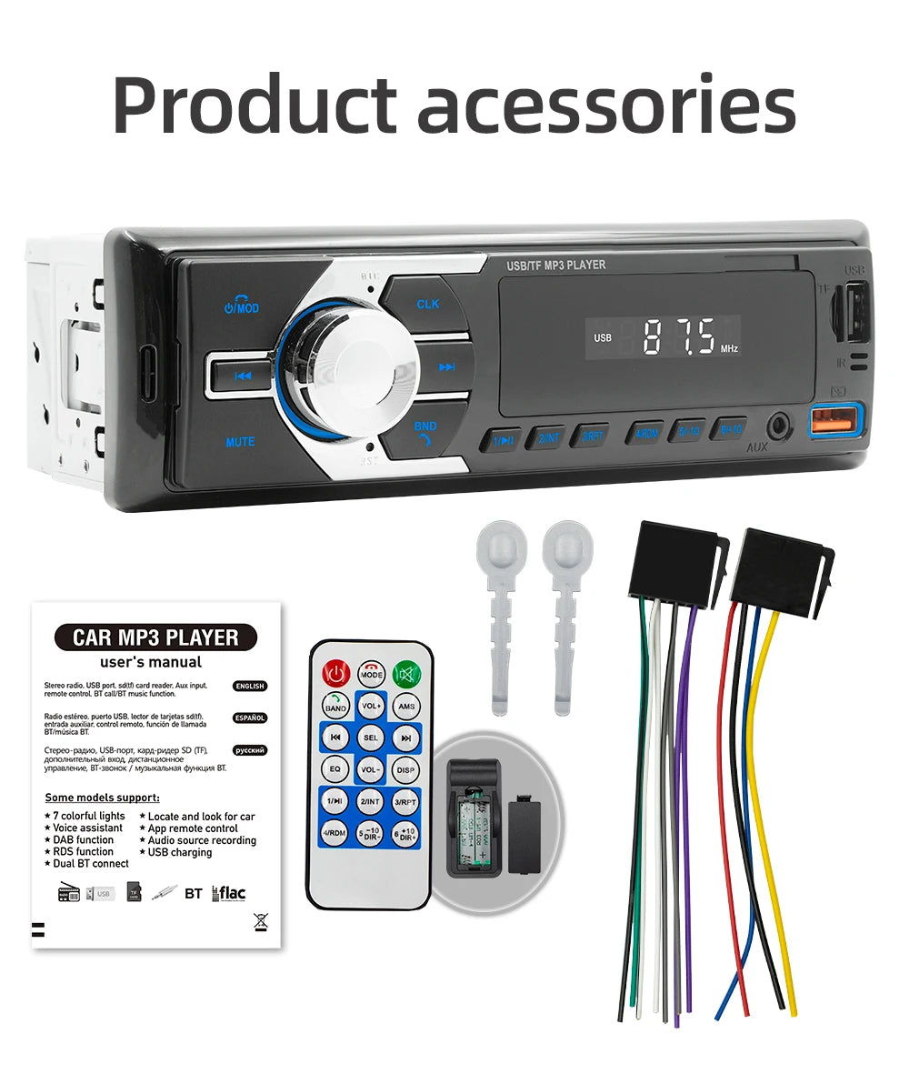 Autoradio MP3 Bluetooth MOPECT 1DIN – FM, USB, TF et AUX avec éclairage 7 couleurs