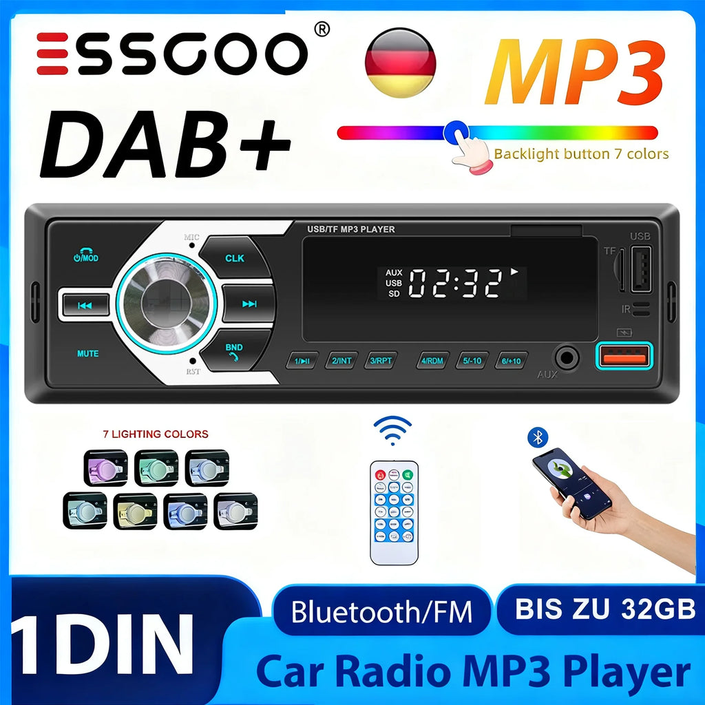 Autoradio MP3 Bluetooth MOPECT 1DIN – FM, USB, TF et AUX avec éclairage 7 couleurs