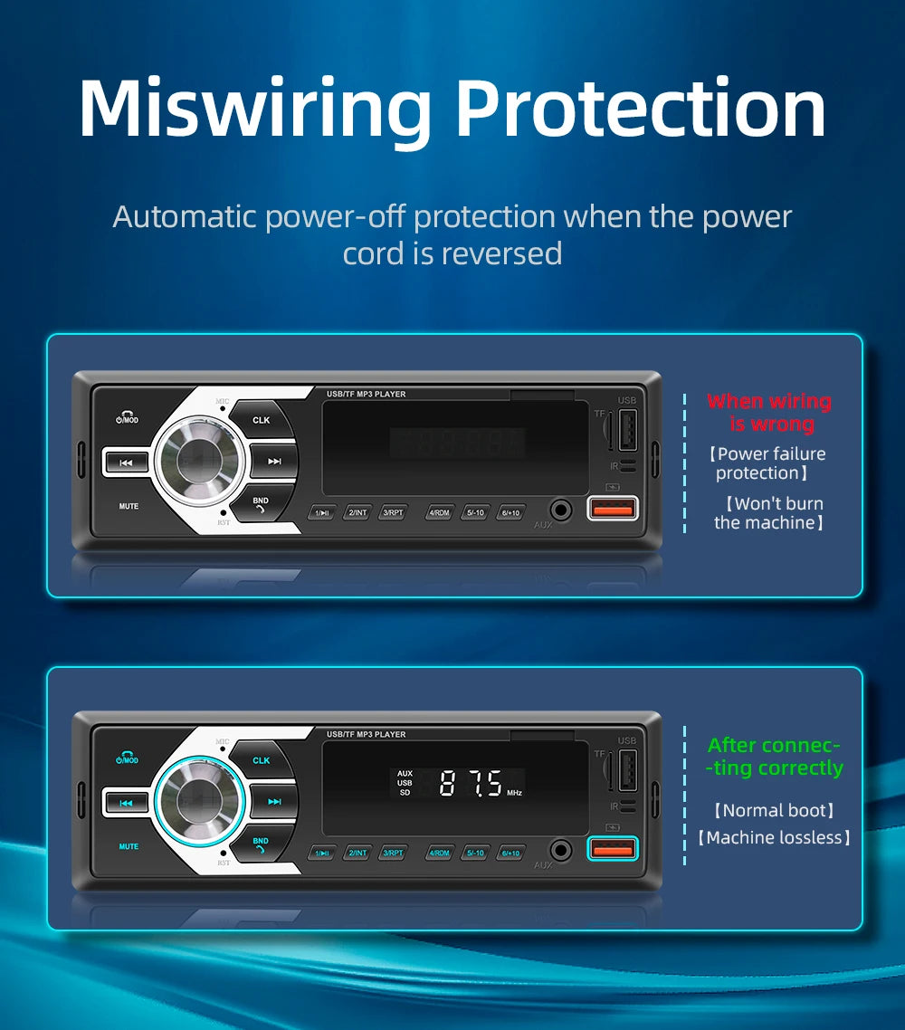 Autoradio MP3 Bluetooth MOPECT 1DIN – FM, USB, TF et AUX avec éclairage 7 couleurs