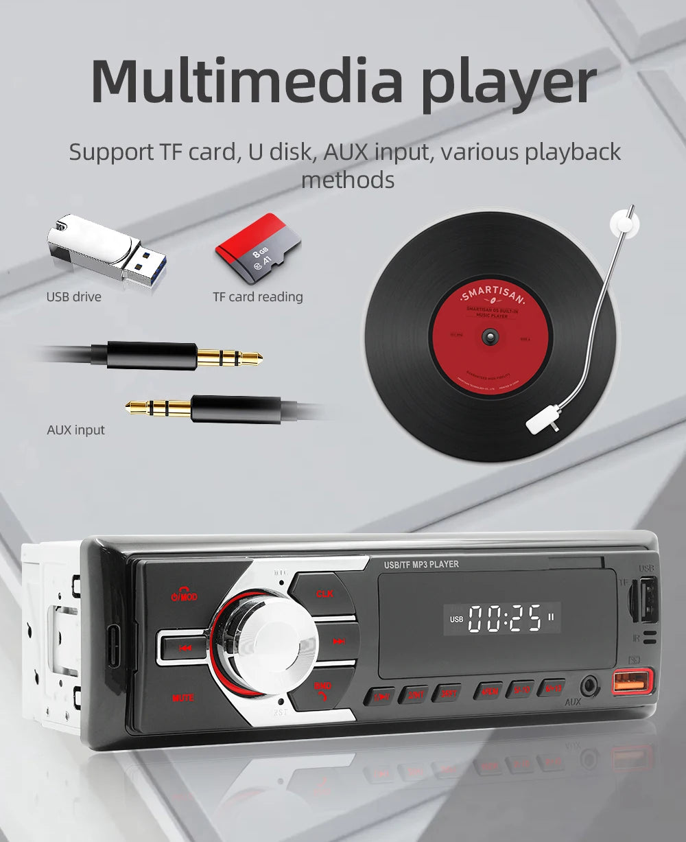 Autoradio MP3 Bluetooth MOPECT 1DIN – FM, USB, TF et AUX avec éclairage 7 couleurs