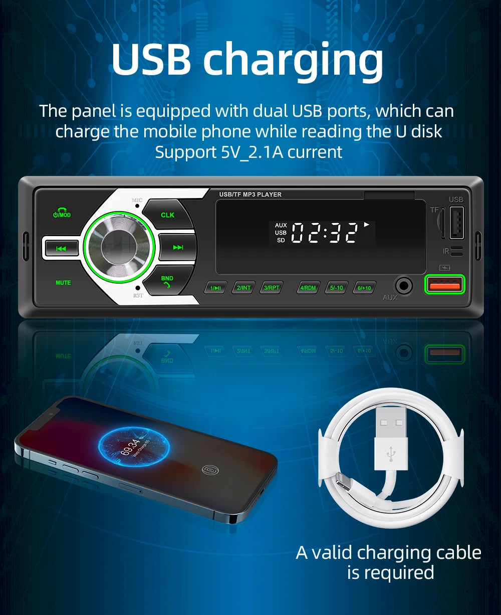 Autoradio MP3 Bluetooth MOPECT 1DIN – FM, USB, TF et AUX avec éclairage 7 couleurs