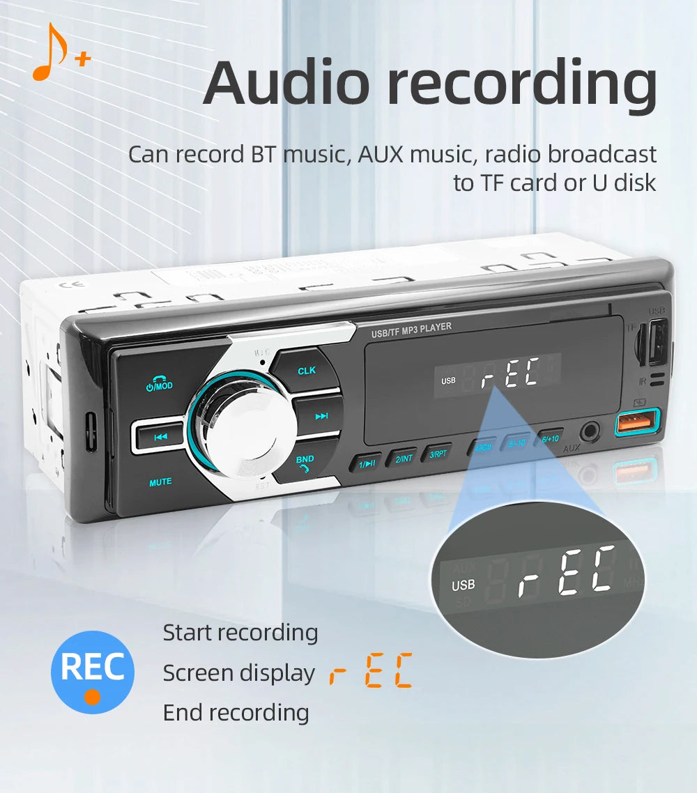 Autoradio MP3 Bluetooth MOPECT 1DIN – FM, USB, TF et AUX avec éclairage 7 couleurs