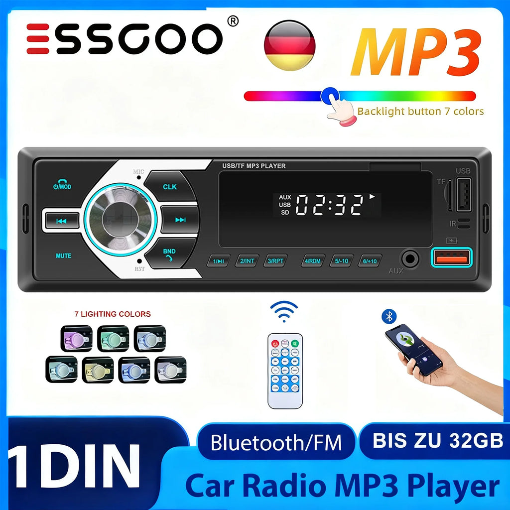 Autoradio MP3 Bluetooth MOPECT 1DIN – FM, USB, TF et AUX avec éclairage 7 couleurs