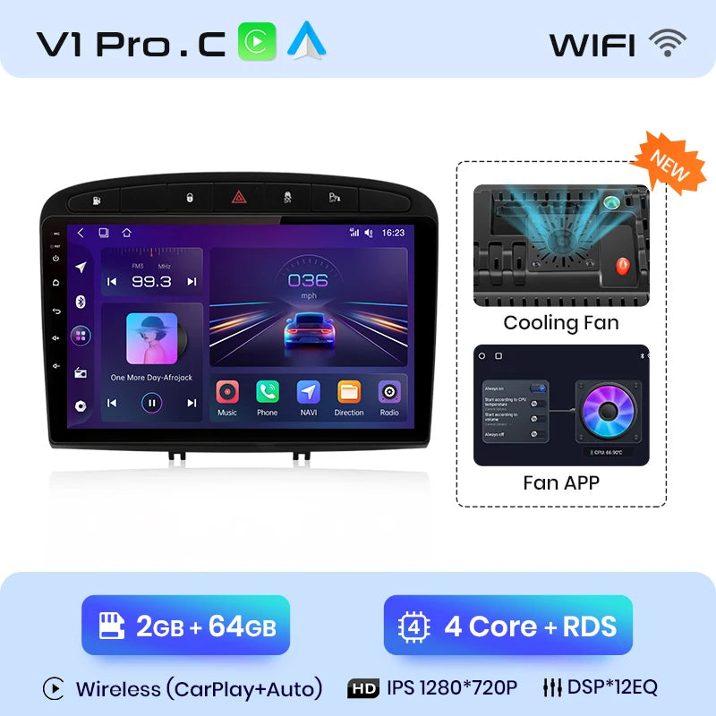 Autoradio Junsun compatible CarPlay et Android Auto – Peugeot 308 / 308S / 408 (2012–2020) – Navigation multimédia Android