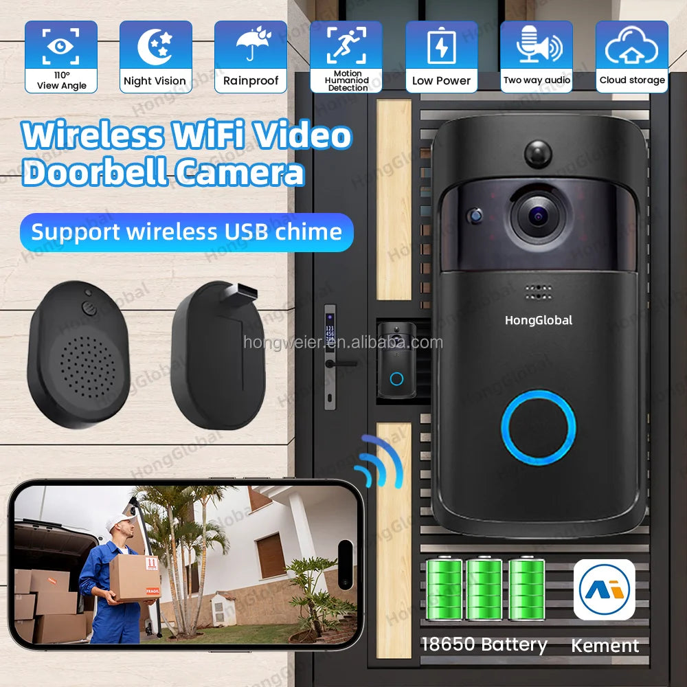 Sonnette vidéo WiFi HongGlobal 2MP – Sans fil – Vision nocturne infrarouge – Modèle V5-B