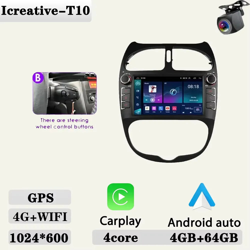 Android 2DIN Autoradio 7” met CarPlay & Android Auto voor Peugeot 206 (2000–2008)
