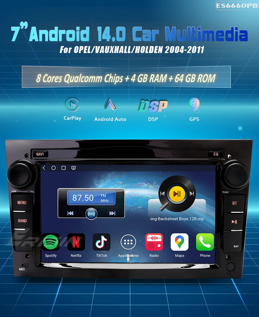 Erisin ES6660PB Android 14 Autoradio – 2DIN GPS-Navigation mit kabellosem CarPlay & Android Auto für Opel