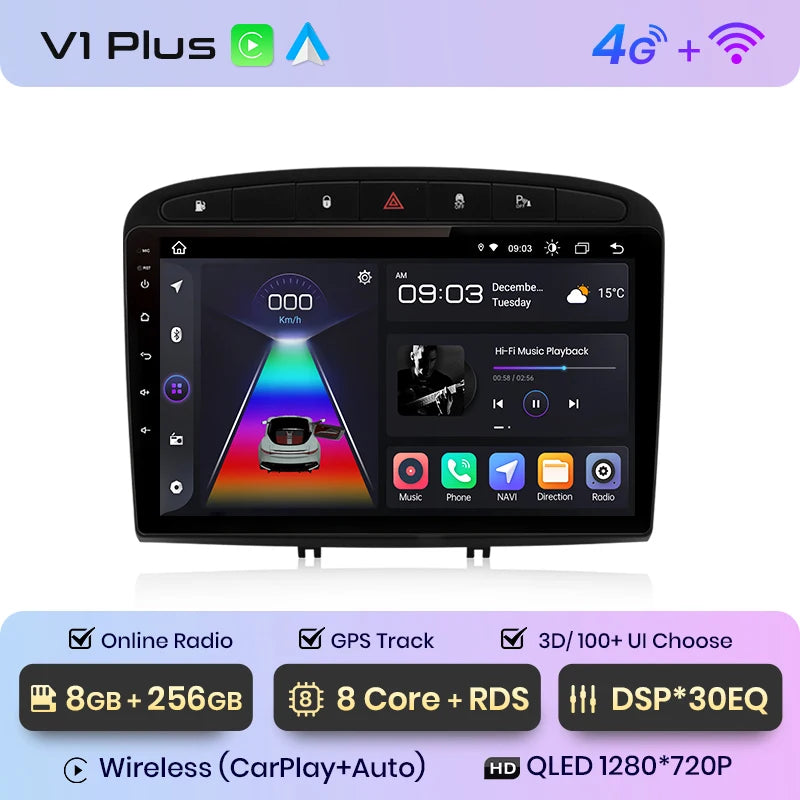 Autoradio Junsun compatible CarPlay et Android Auto – Peugeot 308 / 308S / 408 (2012–2020) – Navigation multimédia Android