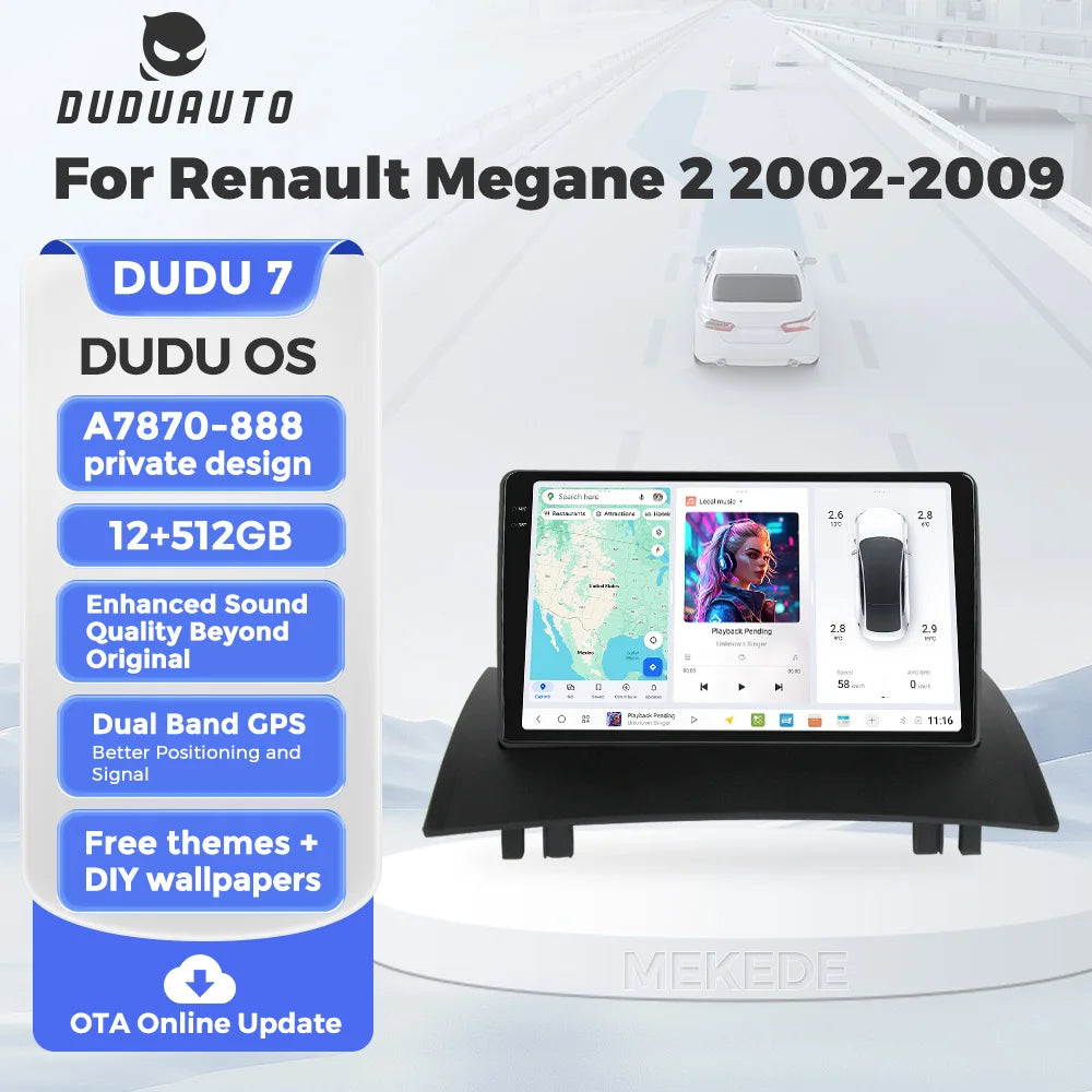 DUDUAUTO DUDU7 Android 13 Autoradio met GPS & CarPlay voor Renault Megane 2 (2002–2009)