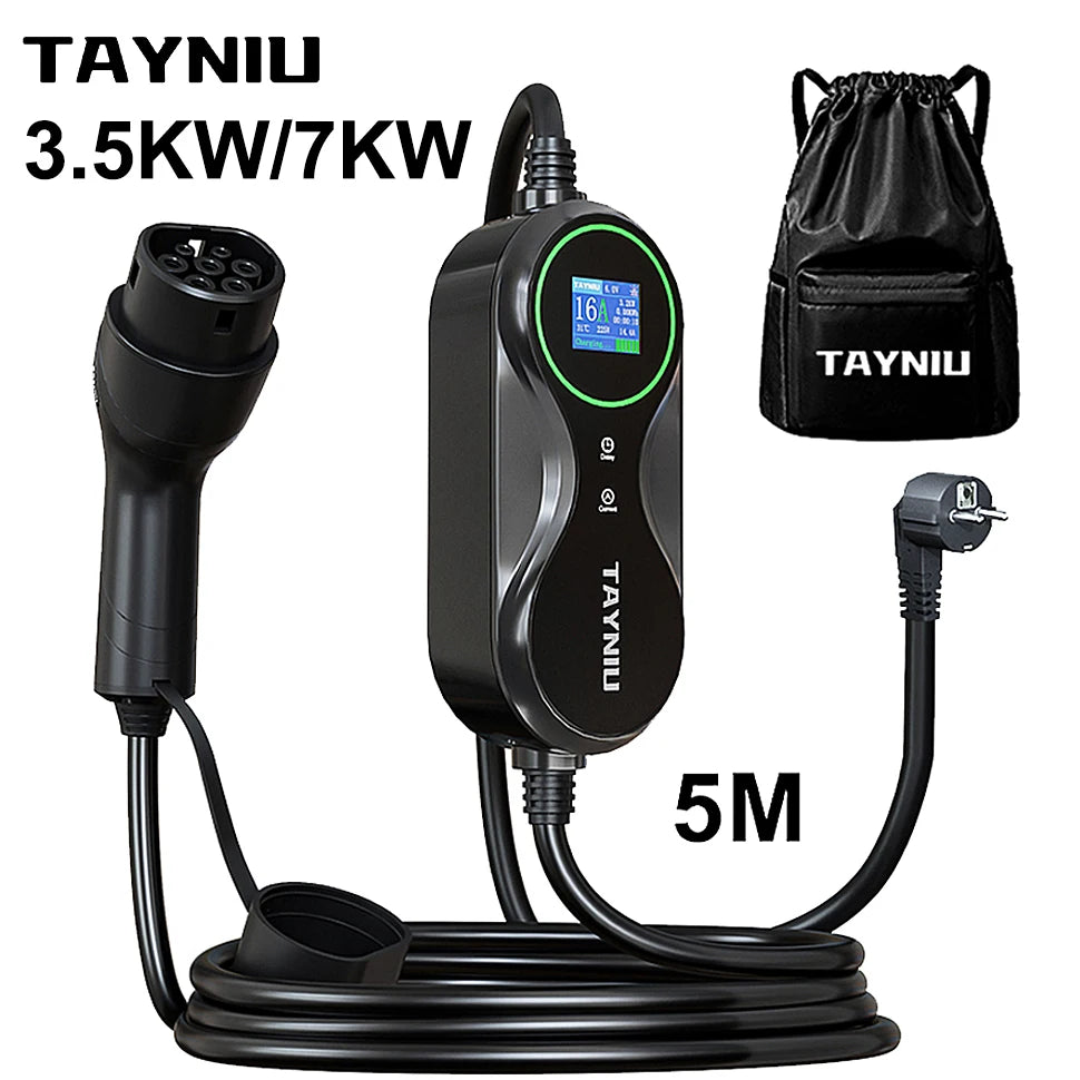 TAYNIU 3.5kW 16A Type 2 Draagbare EV Lader – 5 Meter Kabel – Inclusief Tas