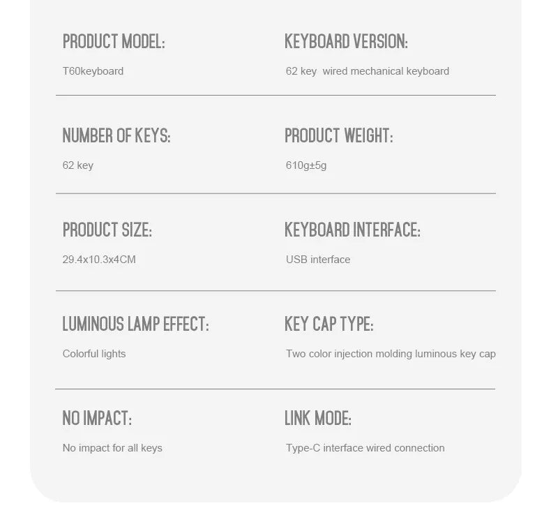 Clavier de jeu mécanique LISM T60 – Mini clavier de jeu 62 touches (interrupteurs rouge/bleu)