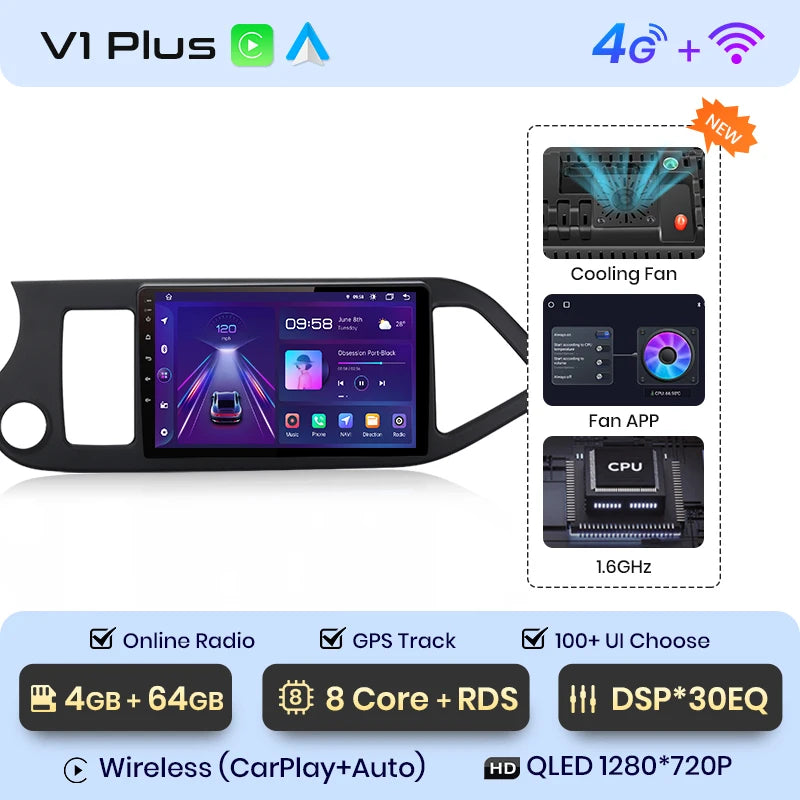 Autoradio Junsun CarPlay et Android Auto – Kia Picanto 2011–2014 – Navigation multimédia Android 12