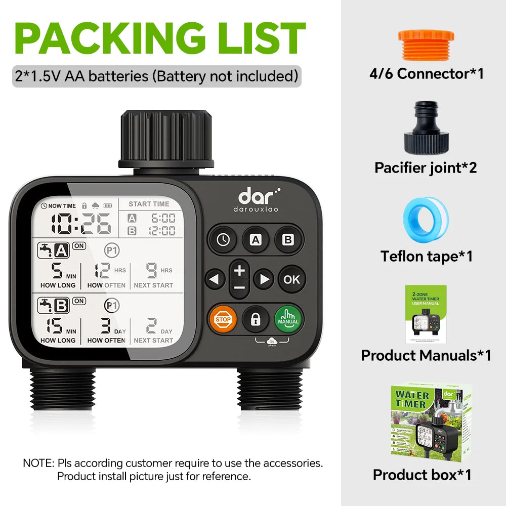 Programmateur d'arrosage numérique WT08 – 2 sorties – Avec capteur de pluie – Système d'irrigation automatique