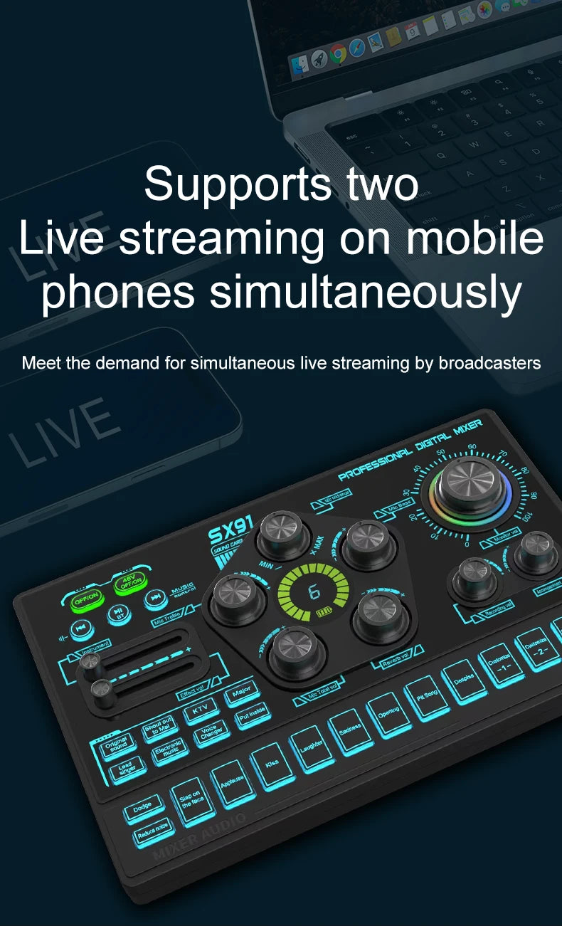 Carte son pour streaming en direct avec effets – Table de mixage audio USB pour podcasts et streaming