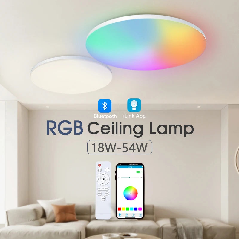 Plafonnier LED intelligent MingBen RGB CCT 45 cm – Rond – Application Bluetooth et télécommande – Intensité variable