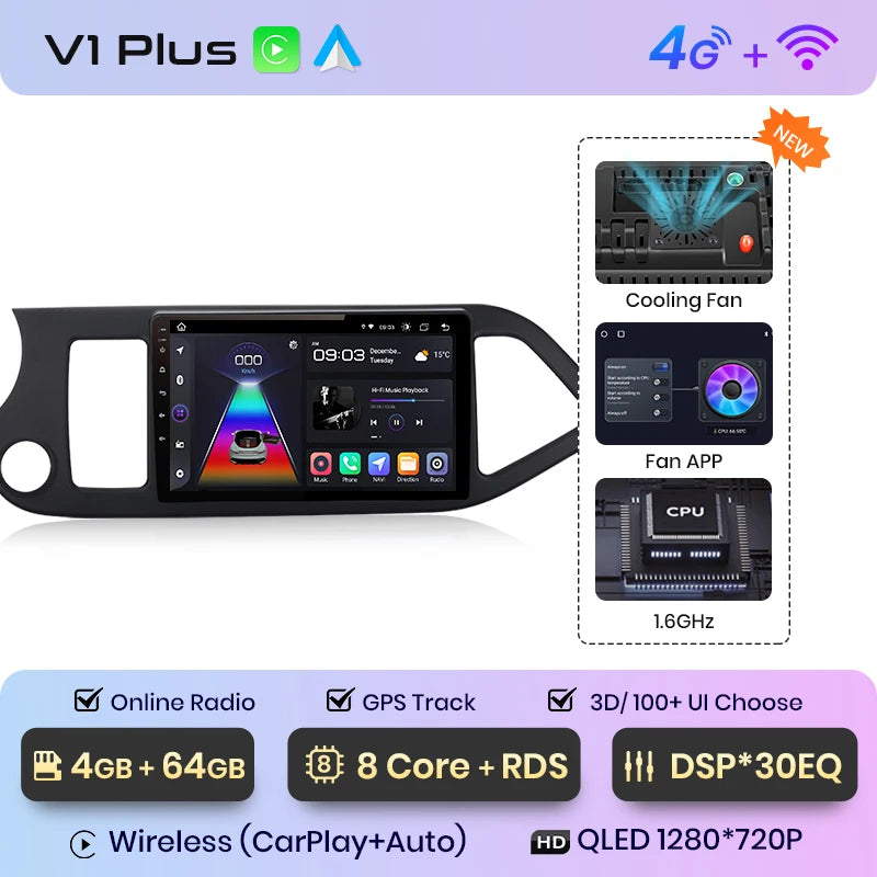 Autoradio Junsun CarPlay et Android Auto – Kia Picanto 2011–2014 – Navigation multimédia Android 12