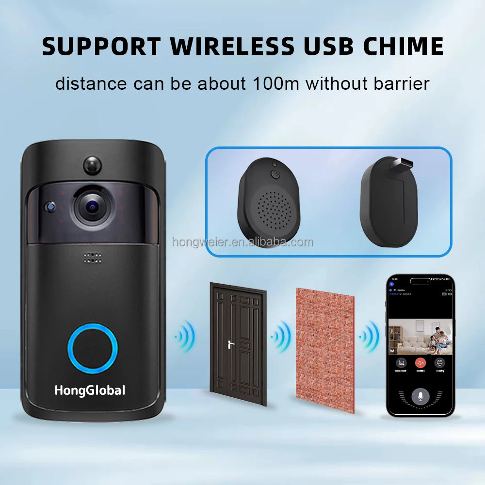 HongGlobal 2MP WiFi Video Deurbel – Draadloos – IR Nachtzicht – Model V5-B