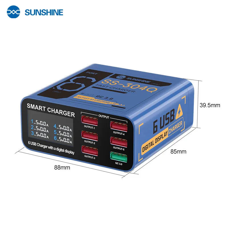 Sunshine SS-304Q USB Smart Charger – 6-Port Schnellladegerät mit Digitalanzeige (QC 3.0)