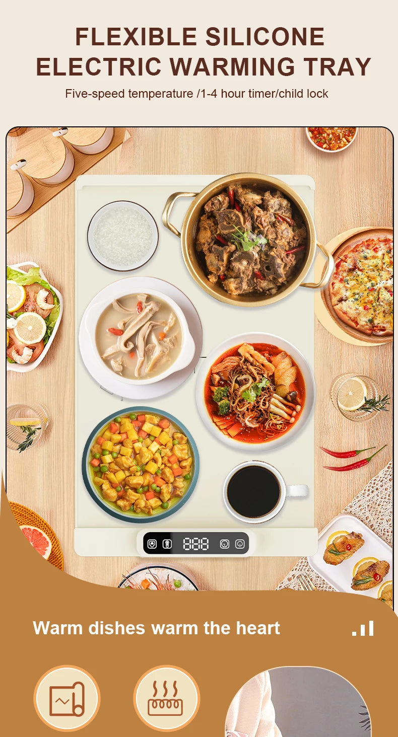 Plateau chauffant électrique pliable – Plateau chauffant alimentaire en silicone avec contrôle de la température