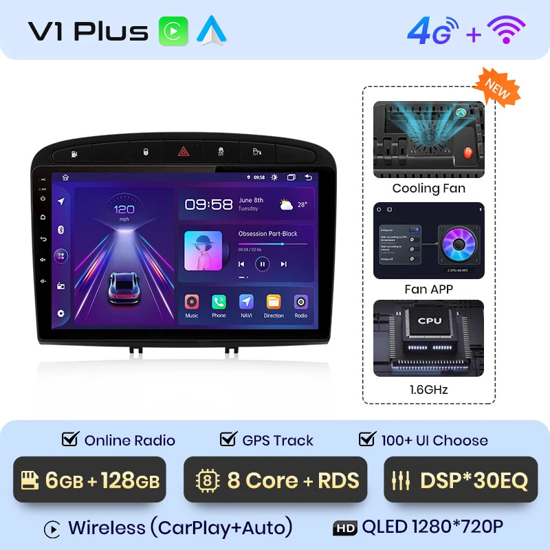 Autoradio Junsun compatible CarPlay et Android Auto – Peugeot 308 / 308S / 408 (2012–2020) – Navigation multimédia Android