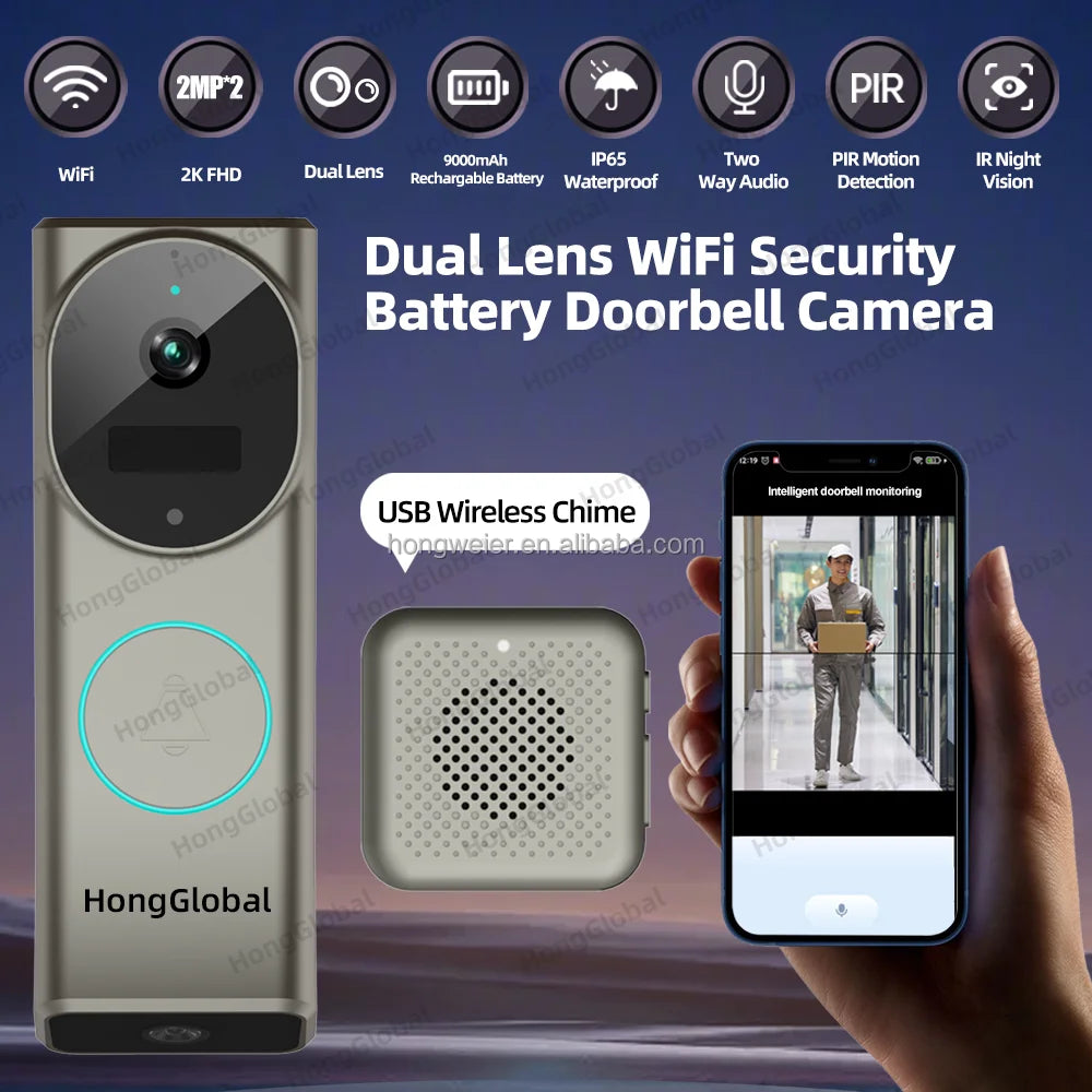 HongGlobal 4MP Dual-Objektiv-WLAN-Videotürklingel – 9000mAh – IP65 – Modell M3-WF