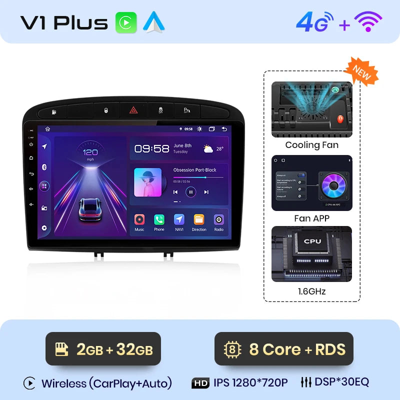 Autoradio Junsun compatible CarPlay et Android Auto – Peugeot 308 / 308S / 408 (2012–2020) – Navigation multimédia Android