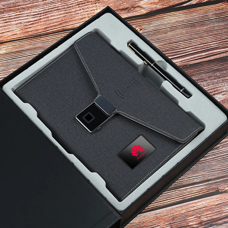 WEIYISS A5 Luxus-Businessplaner mit Fingerabdrucksperre und 10.000-mAh-Powerbank – Kabellos wiederaufladbares Notebook