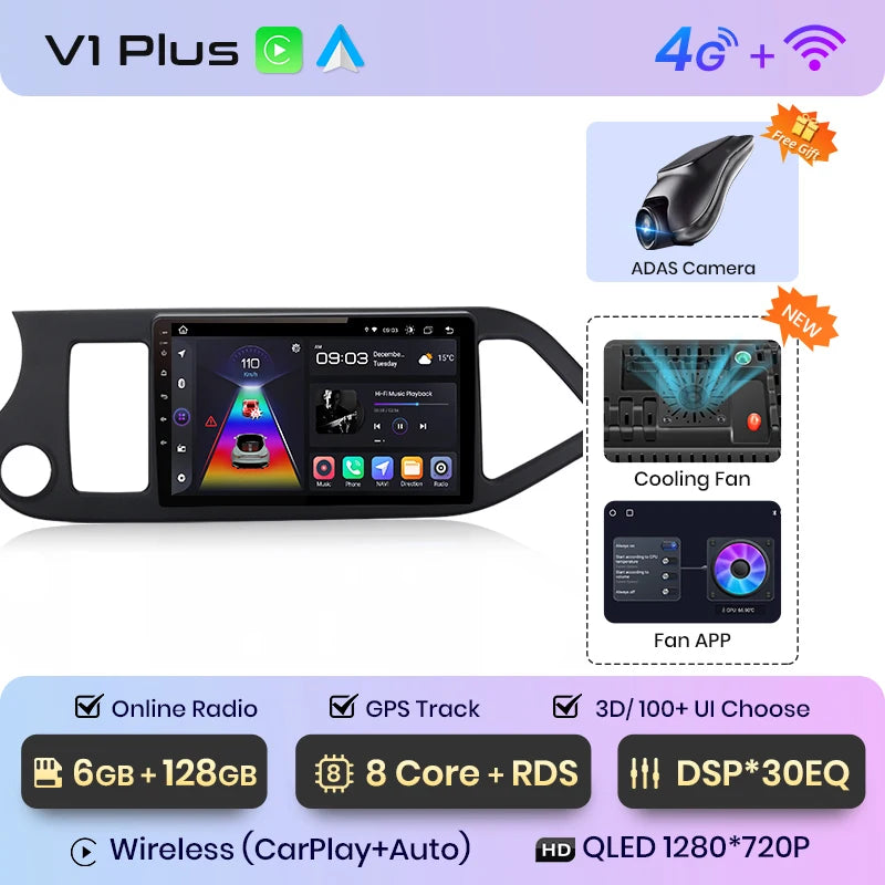 Autoradio Junsun CarPlay et Android Auto – Kia Picanto 2011–2014 – Navigation multimédia Android 12