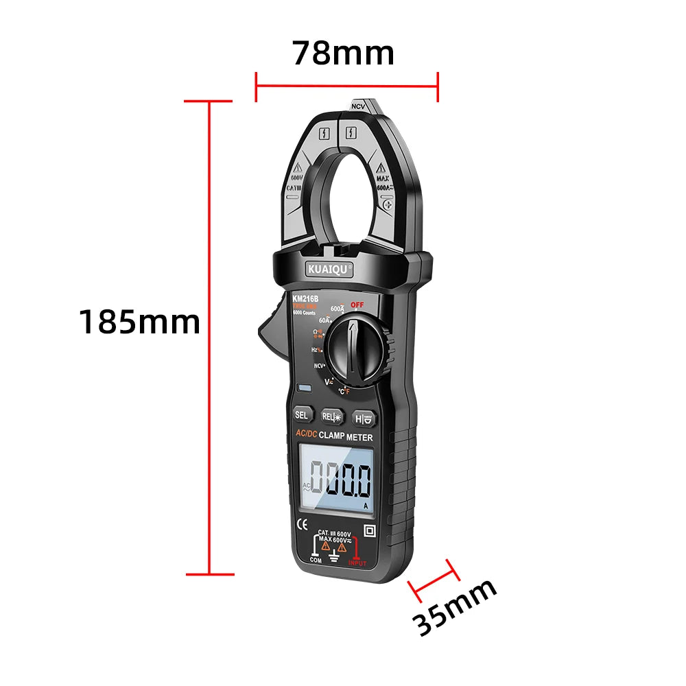 KUAIQU KM216B True RMS Digital-Zangenmessgerät – 600 A AC/DC – NCV – Mit Taschenlampe und Hintergrundbeleuchtung