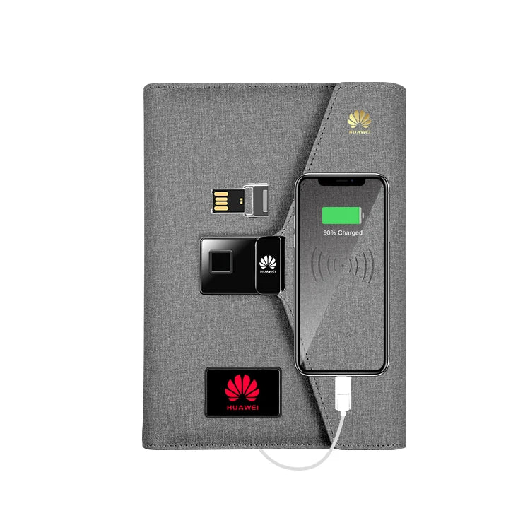 WEIYISS A5 Luxus-Businessplaner mit Fingerabdrucksperre und 10.000-mAh-Powerbank – Kabellos wiederaufladbares Notebook