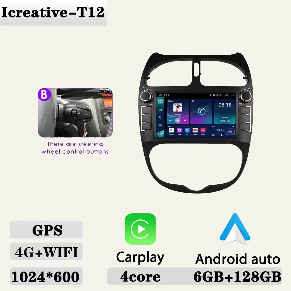Android 2DIN Autoradio 7” met CarPlay & Android Auto voor Peugeot 206 (2000–2008)