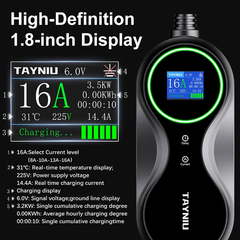 TAYNIU 3.5kW 16A Type 2 Draagbare EV Lader – 5 Meter Kabel – Inclusief Tas
