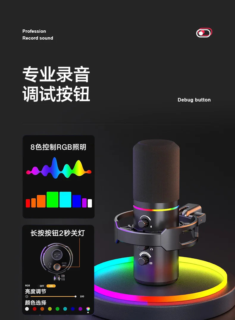 RGB Dynamische USB Microfoon – Cardioïde – Met LED Verlichting – Voor Streaming & Opnames