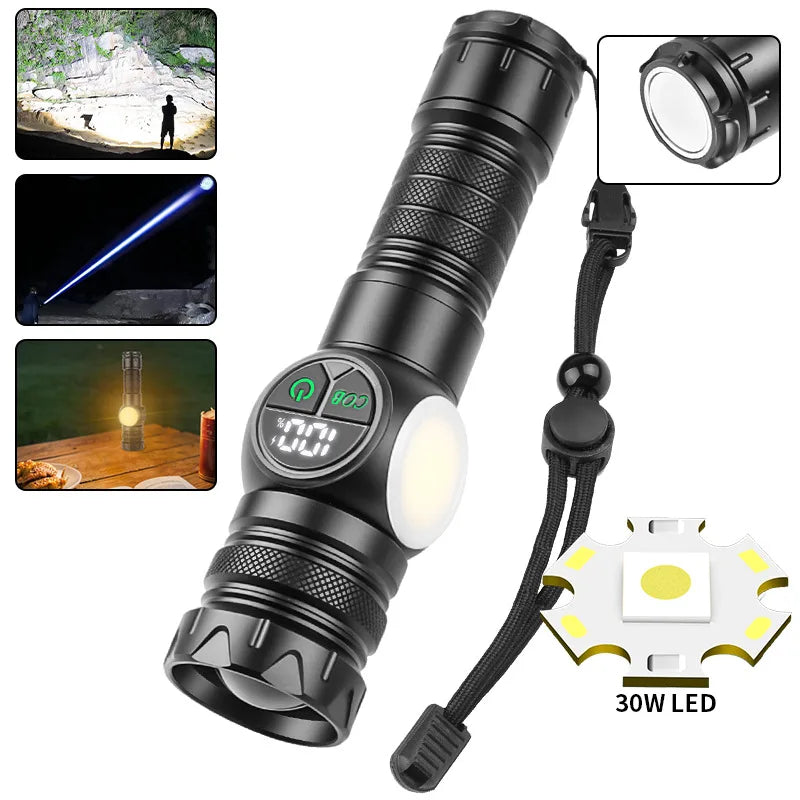 Witte Laser Zaklamp 2500 Lumen – Oplaadbaar – Zoomfunctie – Aluminium Behuizing met Digitaal Display