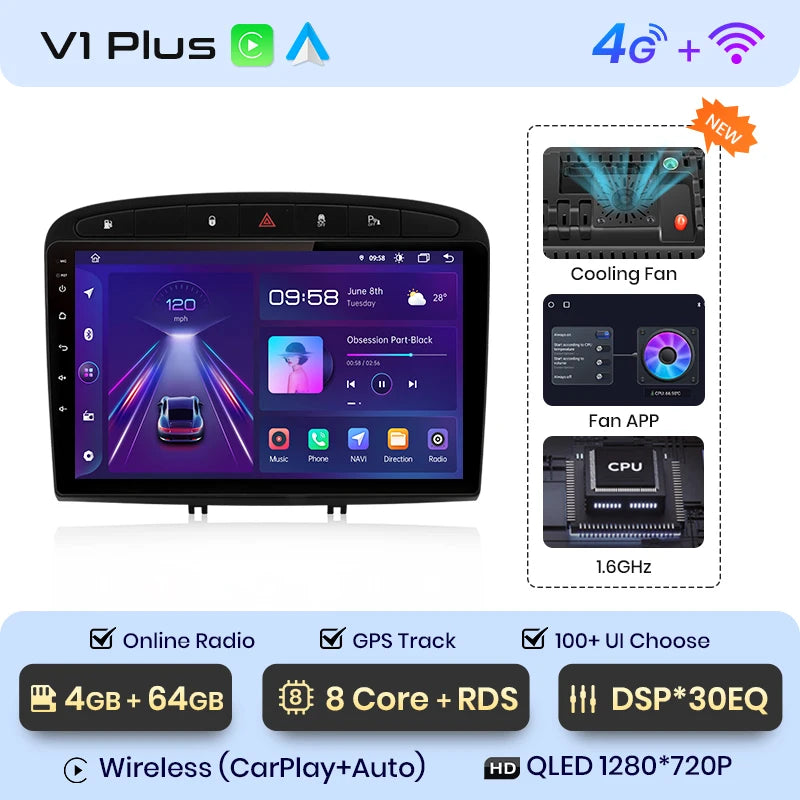 Autoradio Junsun compatible CarPlay et Android Auto – Peugeot 308 / 308S / 408 (2012–2020) – Navigation multimédia Android